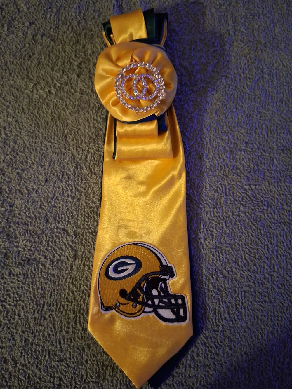 Satin Yellow and Green Football Team Tie with Decorative Rosette